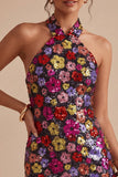 Vestido de regresso a casa preto preto floral brilhante com decote alcoólico e lantejoulas bodycon
