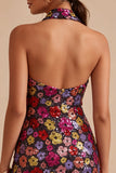 Vestido de regresso a casa preto preto floral brilhante com decote alcoólico e lantejoulas bodycon