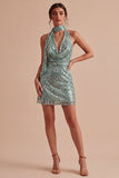 Vestido de cocktail Mini Lantejoulas, decote halter verde claro e brilhante