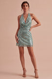 Vestido de cocktail Mini Lantejoulas, decote halter verde claro e brilhante
