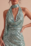Vestido de cocktail Mini Lantejoulas, decote halter verde claro e brilhante