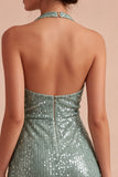 Vestido de cocktail Mini Lantejoulas, decote halter verde claro e brilhante