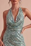Vestido de cocktail Mini Lantejoulas, decote halter verde claro e brilhante