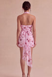 Vestido mini cocktail de chiffon apertado com decote floral cor-de-rosa e decote em chiffon com laço