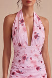 Vestido mini cocktail de chiffon apertado com decote floral cor-de-rosa e decote em chiffon com laço