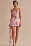 Mini vestido de cocktail em chiffon justo, Espartilho floral cor-de-rosa com faixa