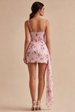Mini vestido de cocktail em chiffon justo, Espartilho floral cor-de-rosa com faixa
