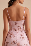 Mini vestido de cocktail em chiffon justo, Espartilho floral cor-de-rosa com faixa