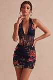 Vestido Mini Cocktail Bodycon Corset Transparente com gola halter preta
