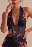 Vestido Mini Cocktail Bodycon Corset Transparente com gola halter preta
