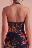 Vestido Mini Cocktail Bodycon Corset Transparente com gola halter preta