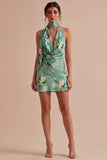 Vestido Mini Cocktail Bodycon Floral Bodycon de gola halter verde clara