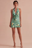 Vestido Mini Cocktail Bodycon Floral Bodycon de gola halter verde clara
