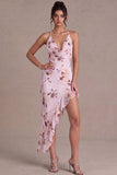 Vestido de cocktail floral assimétrico com decote halter, cor-de-rosa e folhos