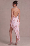 Vestido de cocktail floral assimétrico com decote halter, cor-de-rosa e folhos