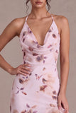 Vestido de cocktail floral assimétrico com decote halter, cor-de-rosa e folhos