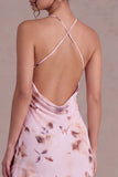 Vestido de cocktail floral assimétrico com decote halter, cor-de-rosa e folhos