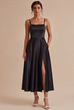 Vestido preto longo de gravata preta com alças finas A Line e Bolsos