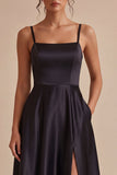 Vestido preto longo de gravata preta com alças finas A Line e Bolsos