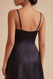 Vestido preto longo de gravata preta com alças finas A Line e Bolsos