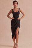 Vestido formal preto Bodycon Midi com alças grossas e franzidas, vestido formal com fenda