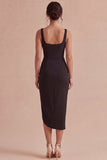 Vestido formal preto Bodycon Midi com alças grossas e franzidas, vestido formal com fenda