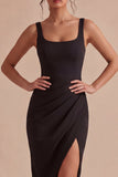 Vestido formal preto Bodycon Midi com alças grossas e franzidas, vestido formal com fenda