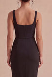 Vestido formal preto Bodycon Midi com alças grossas e franzidas, vestido formal com fenda