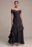 Vestido de gravata preta longa Linha A com Folhos