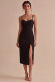 Vestido formal preto Bodycon Midi Spaghetti Straps com Fenda