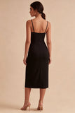 Vestido formal preto Bodycon Midi Spaghetti Straps com Fenda