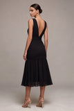 Vestido de gravata preta Midi sem costas, decote em V e franzido