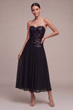 Vestido de gravata preta Midi A Stripless Cintilante com Lantejoulas