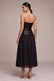 Vestido de gravata preta Midi A Stripless Cintilante com Lantejoulas