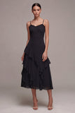 Vestido Midi Black Tie de Tiras Finas Linha A com Folhos