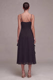 Vestido Midi Black Tie de Tiras Finas Linha A com Folhos