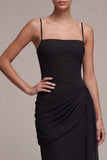 Vestido Midi de gravata preta com alças finas e franzidas