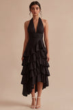 Vestido formal assimétrico sem costas com linhas A com linhas A pretas e folhos