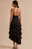 Vestido formal assimétrico sem costas com linhas A com linhas A pretas e folhos