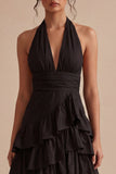 Vestido formal assimétrico sem costas com linhas A com linhas A pretas e folhos