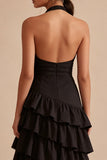 Vestido formal assimétrico sem costas com linhas A com linhas A pretas e folhos
