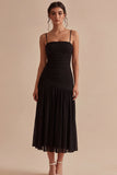 Vestido formal preto com alças finas franzidas, vestido formal midi