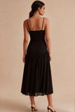 Vestido formal preto com alças finas franzidas, vestido formal midi