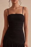 Vestido formal preto com alças finas franzidas, vestido formal midi