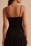Vestido formal preto com alças finas franzidas, vestido formal midi
