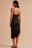 Vestido Formal Midi Midi Sereia Preta Sem Costas com Fenda
