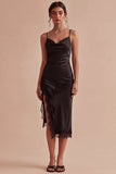 Vestido Formal Midi preto Bodycon Straps Spaghetti com Fenda