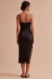 Vestido Formal Midi preto Bodycon Straps Spaghetti com Fenda