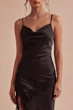Vestido Formal Midi preto Bodycon Straps Spaghetti com Fenda