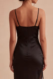 Vestido Formal Midi preto Bodycon Straps Spaghetti com Fenda
